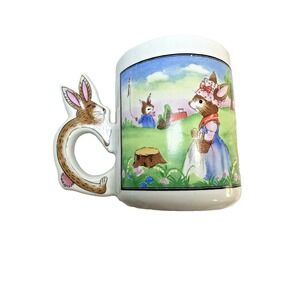 VTG Peter Rabbit Easter Bunny Flat Handle Japan-made Stoneware Coffee Mug Cup